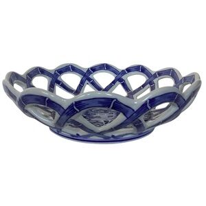 Floral And Bamboo Pattern Open Weave Blue And White Decorative Porcelain Bowl